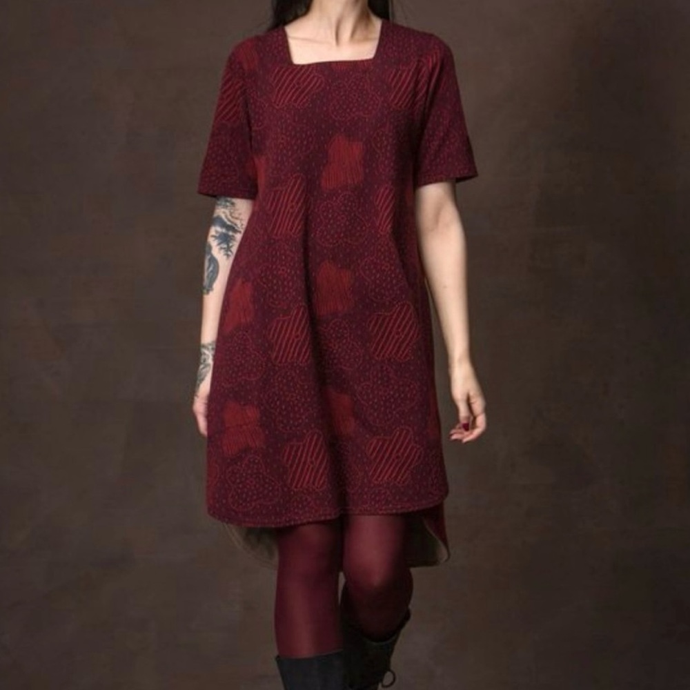 Gudrun Sjoden Organic Cotton Dress Medium Maroon Red Floral Retro Scandinavian